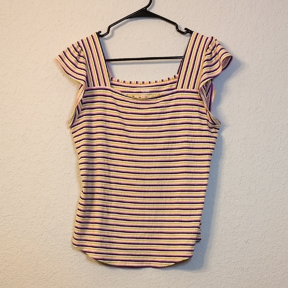 Ana Multi Color Stripe Square Neck Ruffle Sleeve Blouse - Large - Picture 1 of 4